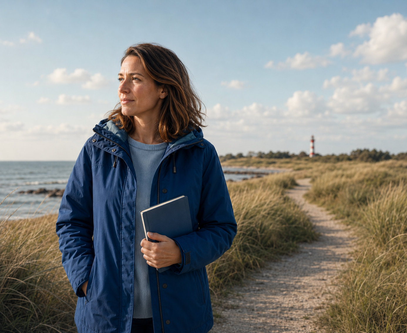 Eine Frau steht mit einem Notizbuch an der Küste; im Hintergrund ist ein Leuchtturm zu sehen.